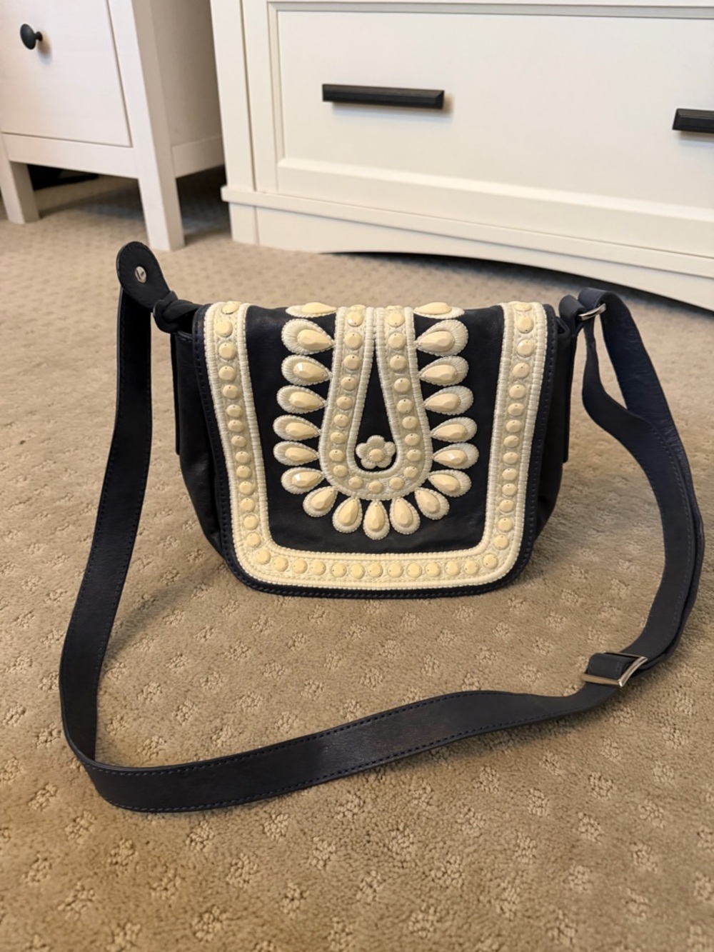 Brighton Navy Crossbody with Cream Embroidered Appliqué - never used.
